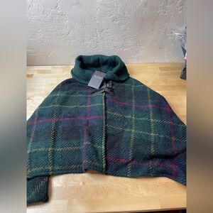 John Branigan Shawl Collar Poncho  navy tartan